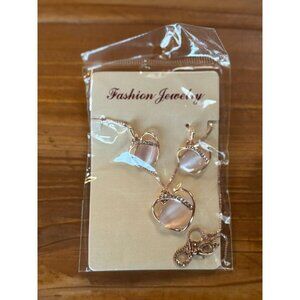 Rose Gold Necklace & Earrings Set With Pink Stone & Rhinestones